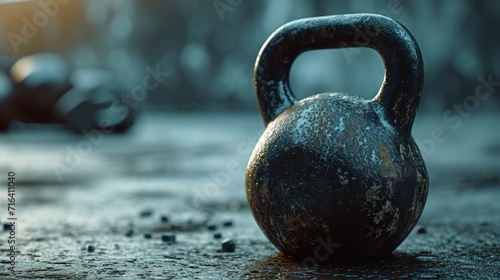 A kettle weight sitting on the ground in a parking lot. Suitable for fitness and exercise concepts