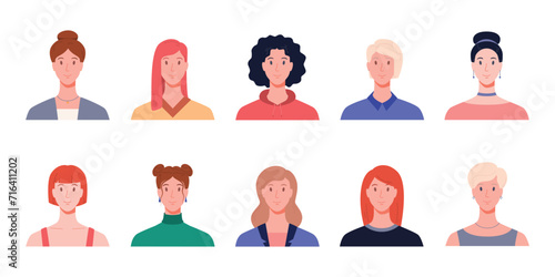 Collection of portraits of a woman, front view. Modern flat vector illustration isolated on white background
