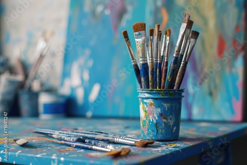 A blue vase filled with paint brushes sits on top of a table. This image can be used to depict creativity, art, or painting supplies