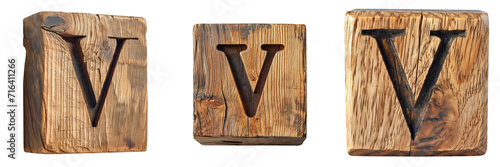 Wooden Blocks with Letter V Set Isolated on Transparent or White Background, PNG photo