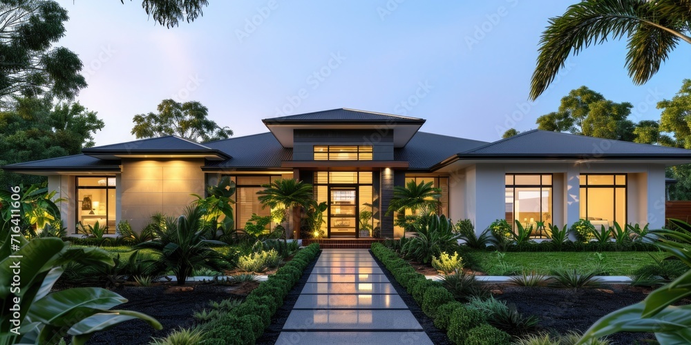 A modern house with a walkway leading to the front door. Suitable for real estate and architecture concepts