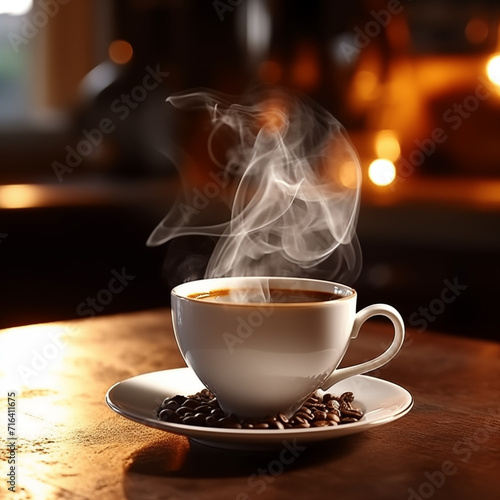 Picture of hot coffee with smoke floating in it