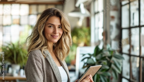 Happy, fresh and energetic 30 year old businesswoman using touchpad while working in office and looking at camera. Full body shot. The background is clean, white background, international style.