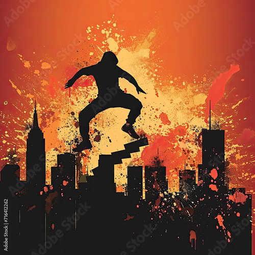Dazzling Skyline Silhouette with Parkour Athlete Leap