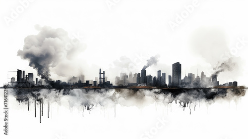 black cityline watercolor illustration. polluted city, smoke, ecological problem, isolated on white. city