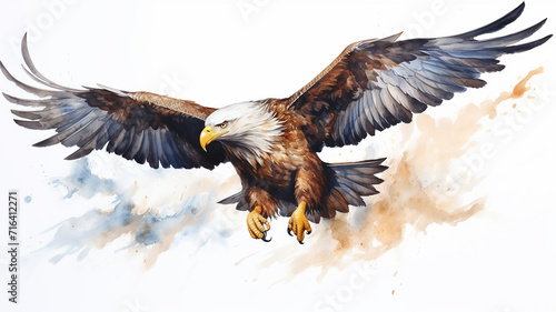 eagle watercolor illustration on a white background, a predatory free bird in flight