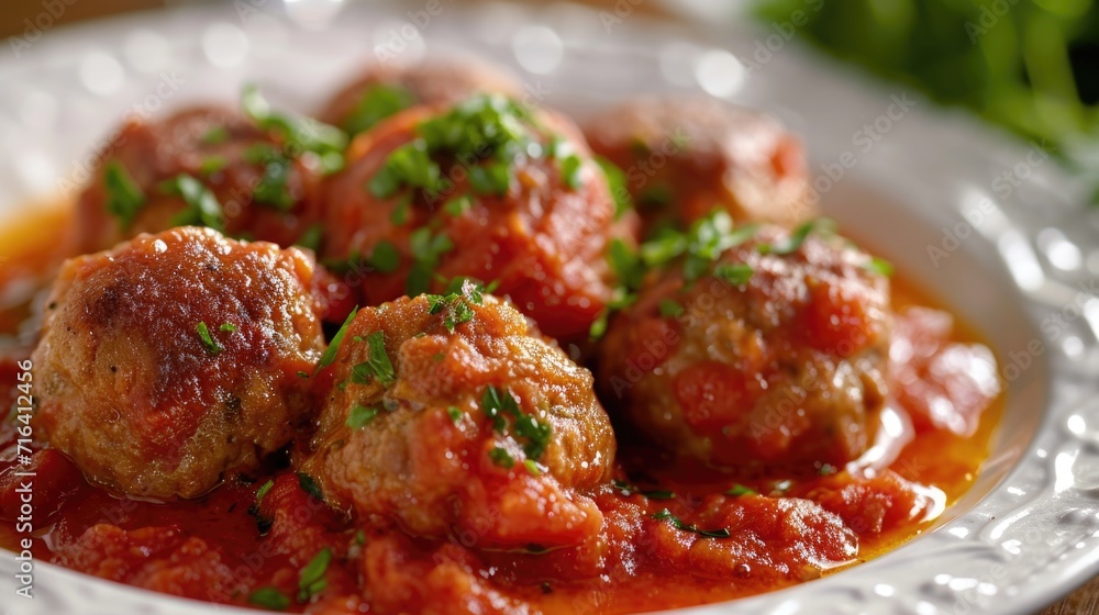 Delicious meatballs covered in savory sauce, served on a white plate. Perfect for recipes, menus, and food-related projects Delicious meatballs covered in savory sauce, served on a white plate. Perfect for recipes, menus, and food-related projects