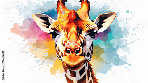 giraffe portrait, watercolor illustration on a white background, liquid paint spots, print for design