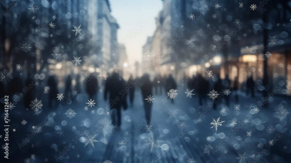 Fototapeta premium winter blurred background, snowflakes, people crowd, pedestrian street in snowfall, abstract Christmas backdrop