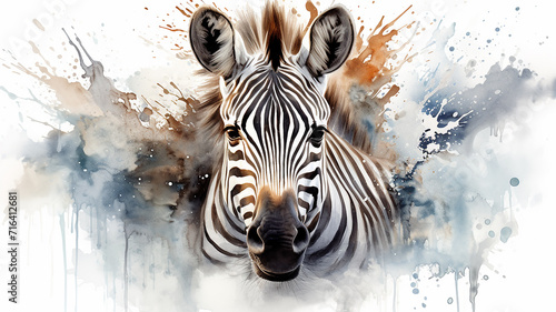 zebra, watercolor illustration on a white background, liquid paint spots, print for design