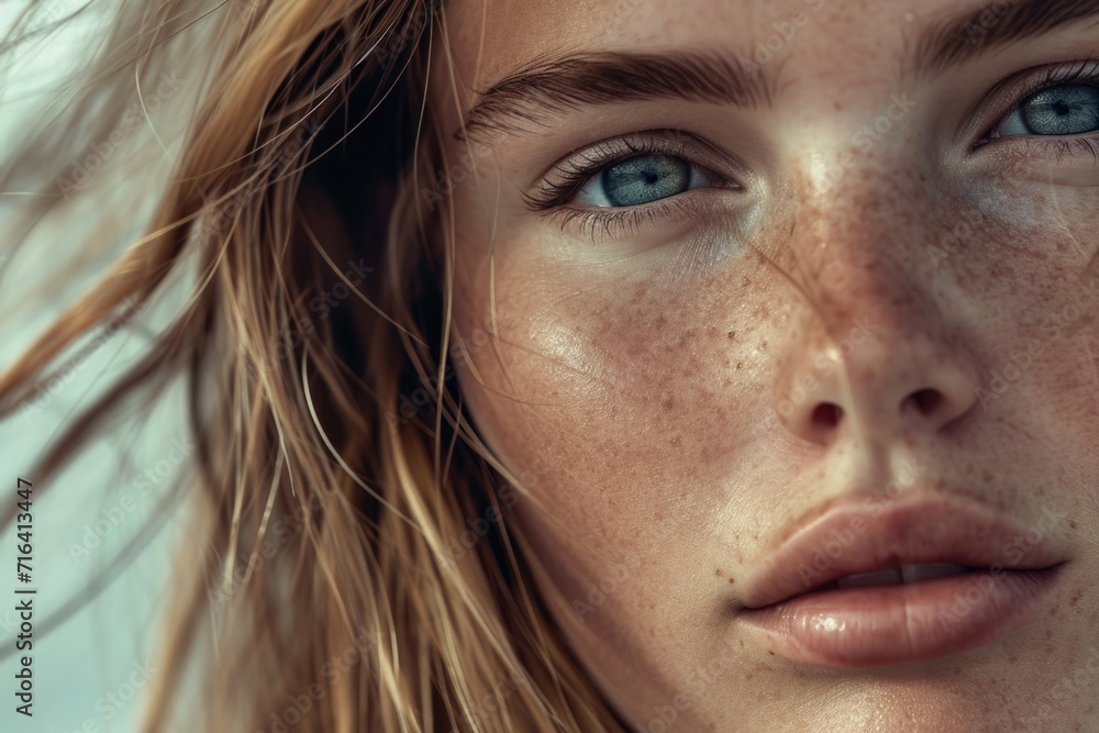 A close up photograph of a woman with freckles on her face. This image can be used to depict natural beauty or diversity A close up photograph of a woman with freckles on her face. This image can be used to depict natural beauty or diversity