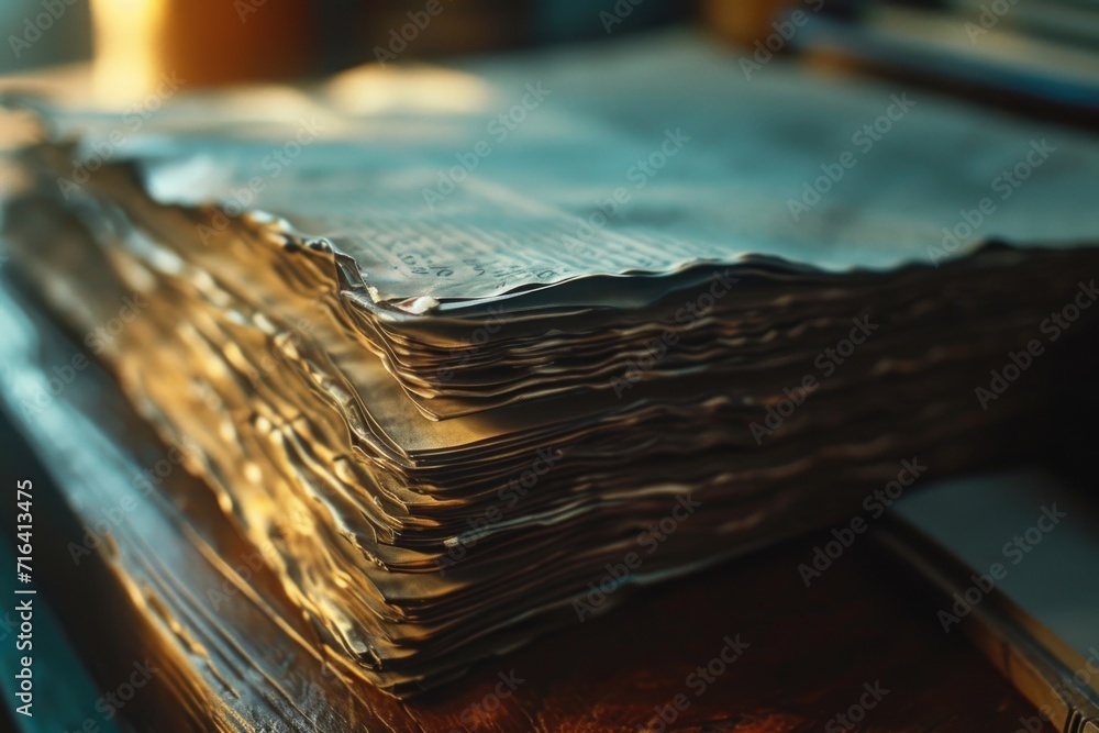 A stack of newspapers sitting on top of a wooden table. Perfect for articles, news, information, and media concepts