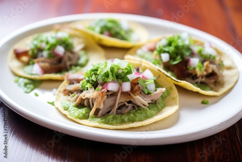 carnitas tacos topped with diced onions and green sauce