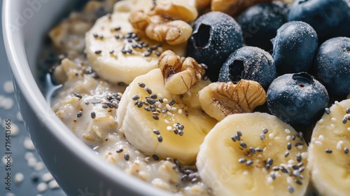 A bowl of oatmeal topped with fresh bananas and blueberries. Perfect for a healthy breakfast or snack