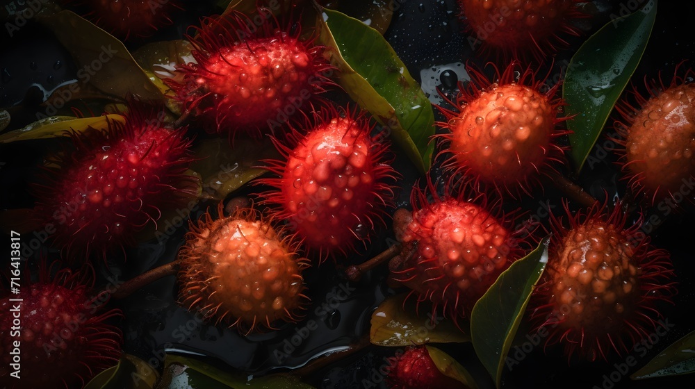 Fresh rambutan with water splashes and drops on black background Fresh rambutan with water splashes and drops on black background