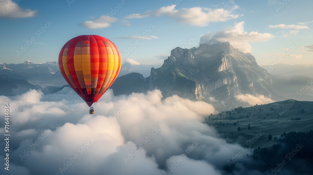 A hot air balloon flying through the clouds