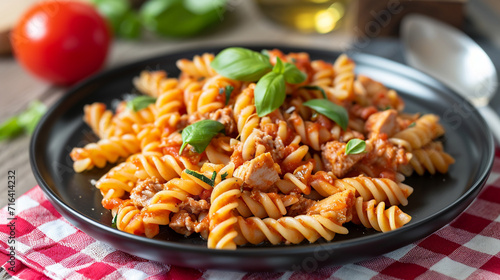 A plate of delicious pasta with tuna and tomato sauce