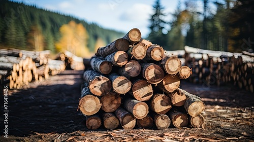 Lumber in the forest  cut wooden logs in the stack. Logging  harvesting wood for fuel and firewood. Sawn trees from the forest. Logging timber industry. Cut trees prepared for removal. Generative AI