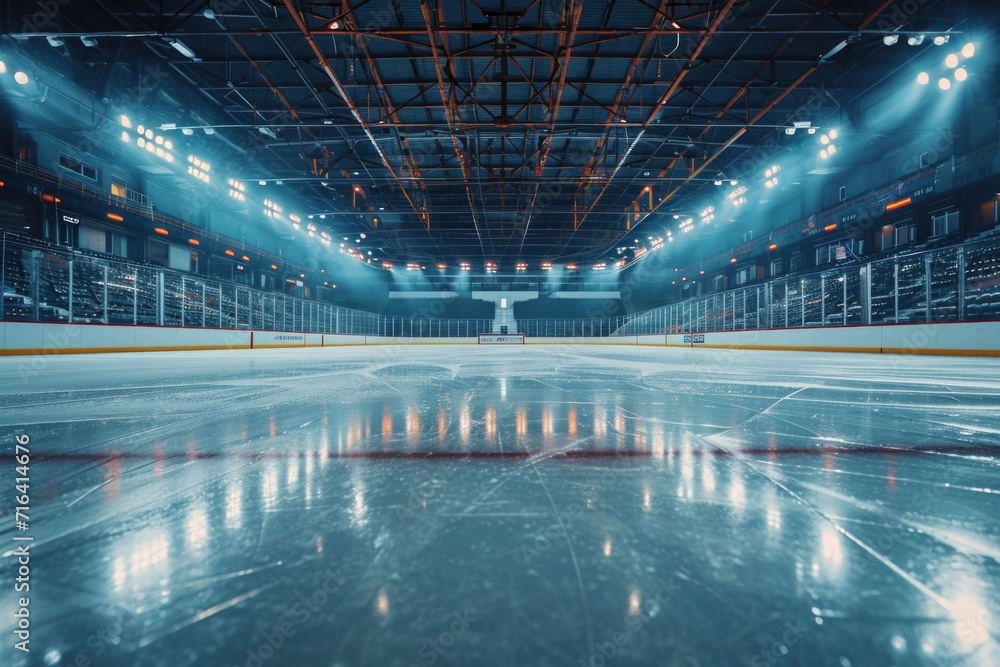 An empty hockey rink with lights shining on the ice. Perfect for sports-related designs and concepts An empty hockey rink with lights shining on the ice. Perfect for sports-related designs and concepts