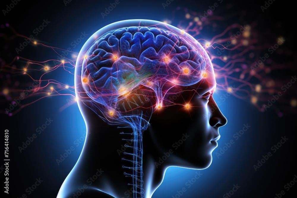 Obraz premium Colored Motley Brain Axon Mind tracing dance of EEG patterns, synaptic vesicle recycling practical intelligence, synaptic ballet, vesicle recycling choreographs practical intelligence ion channels