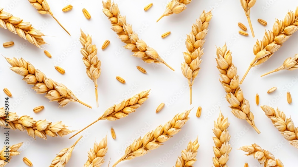 A collection of wheat ears placed on a clean white surface. Suitable for agricultural themes and harvest concepts A collection of wheat ears placed on a clean white surface. Suitable for agricultural themes and harvest concepts