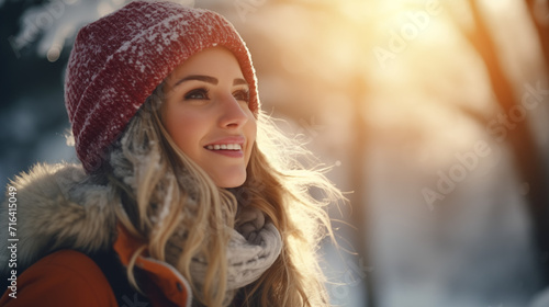 Portrait of a young pretty woman in winter clothes on the blurred winter background. Advertising of the travel clothing brand