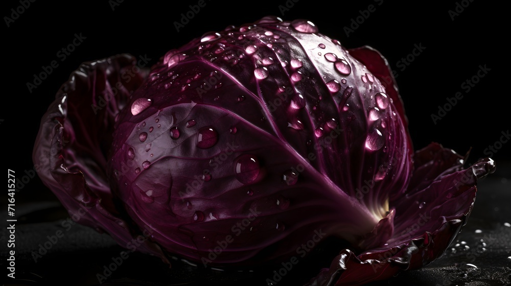 Obraz premium Fresh red cabbage with water splashes and drops on black background