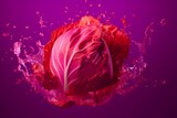 Fresh red cabbage flying with water splashes on bright color background