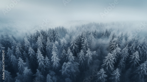 Aerial top view forest covered by snow, pine trees, spruce trees. Perspective view of winter forest Drone photo. Aerial landscape . A bird's eye view. Nature background, outdoor photography