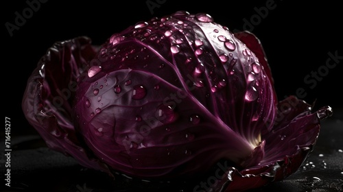 Fresh red cabbage with water splashes and drops on black background photo