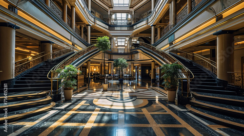 Interior Architectural Photography: Showcase the interior spaces of buildings, highlighting impressive architectural features. This could include lobbies, staircases, atriums. Generative AI photo