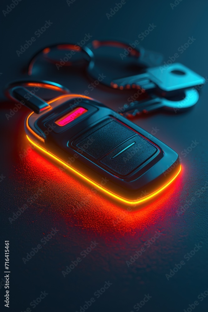 A close-up view of a car key placed on a table. This image can be used to depict concepts such as car ownership, automotive industry, car rentals, or car security