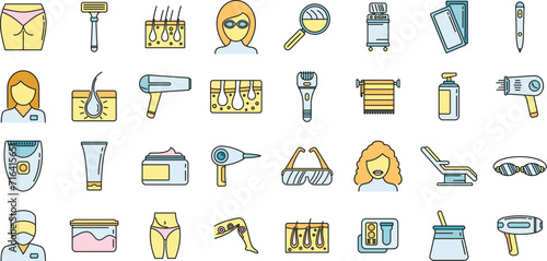 Modern laser hair removal icons set. Outline set of modern laser hair removal vector icons thin line color flat on white
