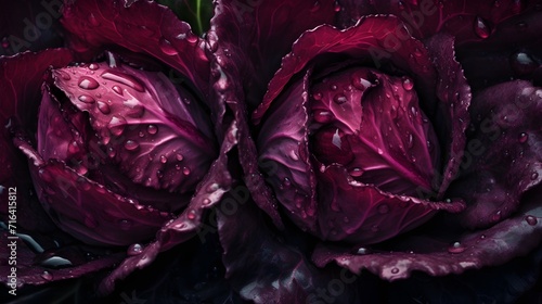 Fresh red cabbages with water splashes and drops on black background photo