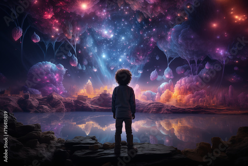 Illustration of A kid looking out at fairy fantasy beautiful sky and lake landscape, fairy world, midnight time, imagination and dream concep. Poster, postcard.