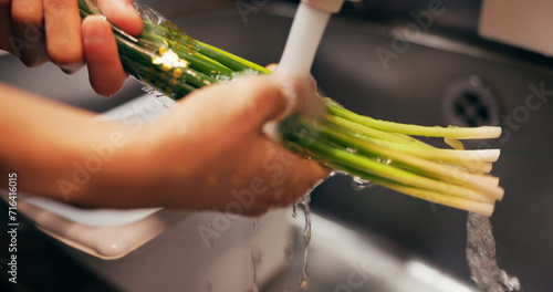Chef hands, wash spring onion and sink for dirt, virus or bacteria for safety, cooking and meal prep. Person, closeup and cleaning vegetable in water, faucet or kitchen for catering at restaurant job