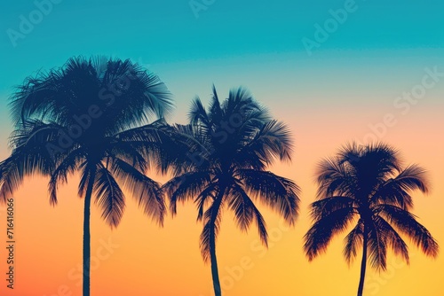 Three palm trees standing tall and casting dark shadows against a vibrant sunset sky. Perfect for tropical vacation destinations or nature-themed designs