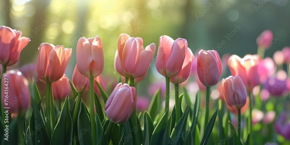 A beautiful field of pink tulips illuminated by the sunlight. Perfect for springtime or nature-themed projects
