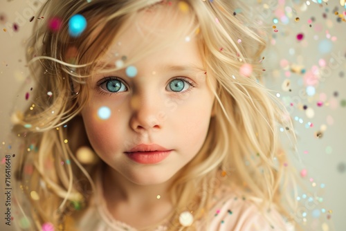 A delightful image of a little girl with captivating blue eyes, joyfully surrounded by colorful confetti. Perfect for celebrations and special occasions