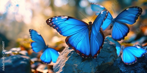 A group of blue butterflies perched on a rock. Suitable for nature-themed designs and publications © Ева Поликарпова
