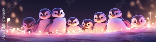 Adorable penguin chicks lined up in unity, exuding cuteness, accompanied by festive party lights.