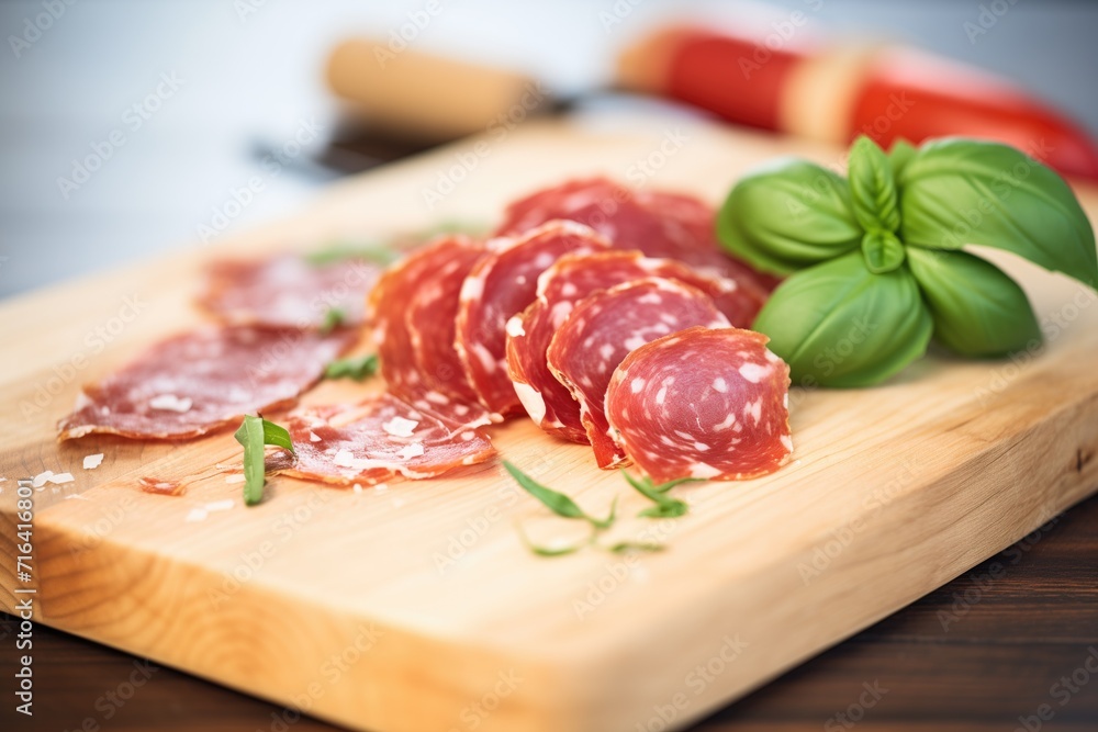 sliced salami on a wooden board with basil leaves
