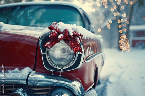 A red car covered in snow with a festive bow on the front. Perfect for holiday greetings and winter-themed designs