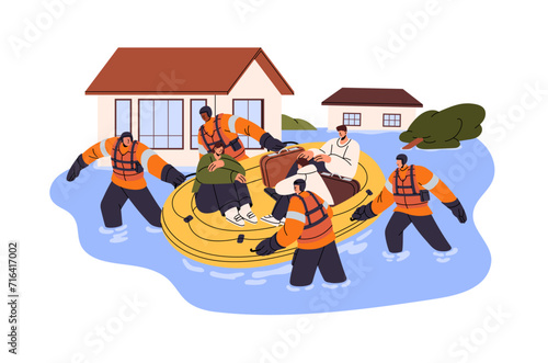 Rescuers team saves people from flood. Rescued group floating on safety boat. Natural disaster, storm, typhoon: city under water, flooded houses. Flat isolated vector illustration on white background