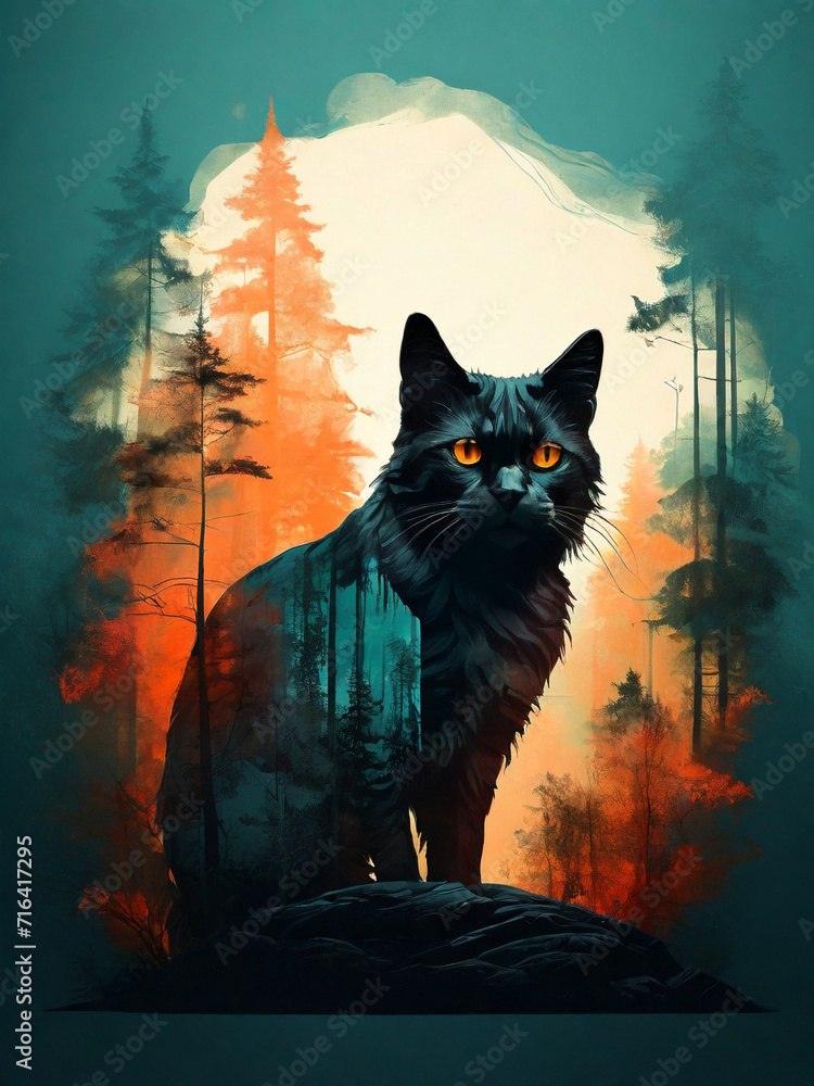 Black cat with orange eyes sitting in a pine forest. Digital painting. Created using generative AI tools Black cat with orange eyes sitting in a pine forest. Digital painting. Created using generative AI tools