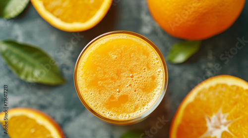 From above glass of fresh made orange juice