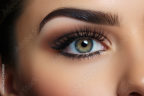 Close-up of beautiful woman's eye with long eyelashes. Beauty salon concept, eyelash extensions, make-up