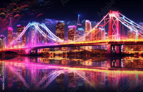 colorful city skyline and skyline with rainbow bridges and lights