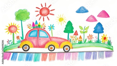 Childlike Drawing of Cars, House, Tree, Sun Illustration, Colorful Chalk Isolated on White Background © dreambender