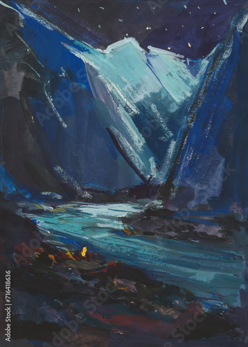 Night of the mountain gouache painting. Vertical fabulous landscape with snow-capped mountains. moonlight and the river. A bonfire is burning on the shore. The concept of modern art. Author's painting © Anna Pismenskova
